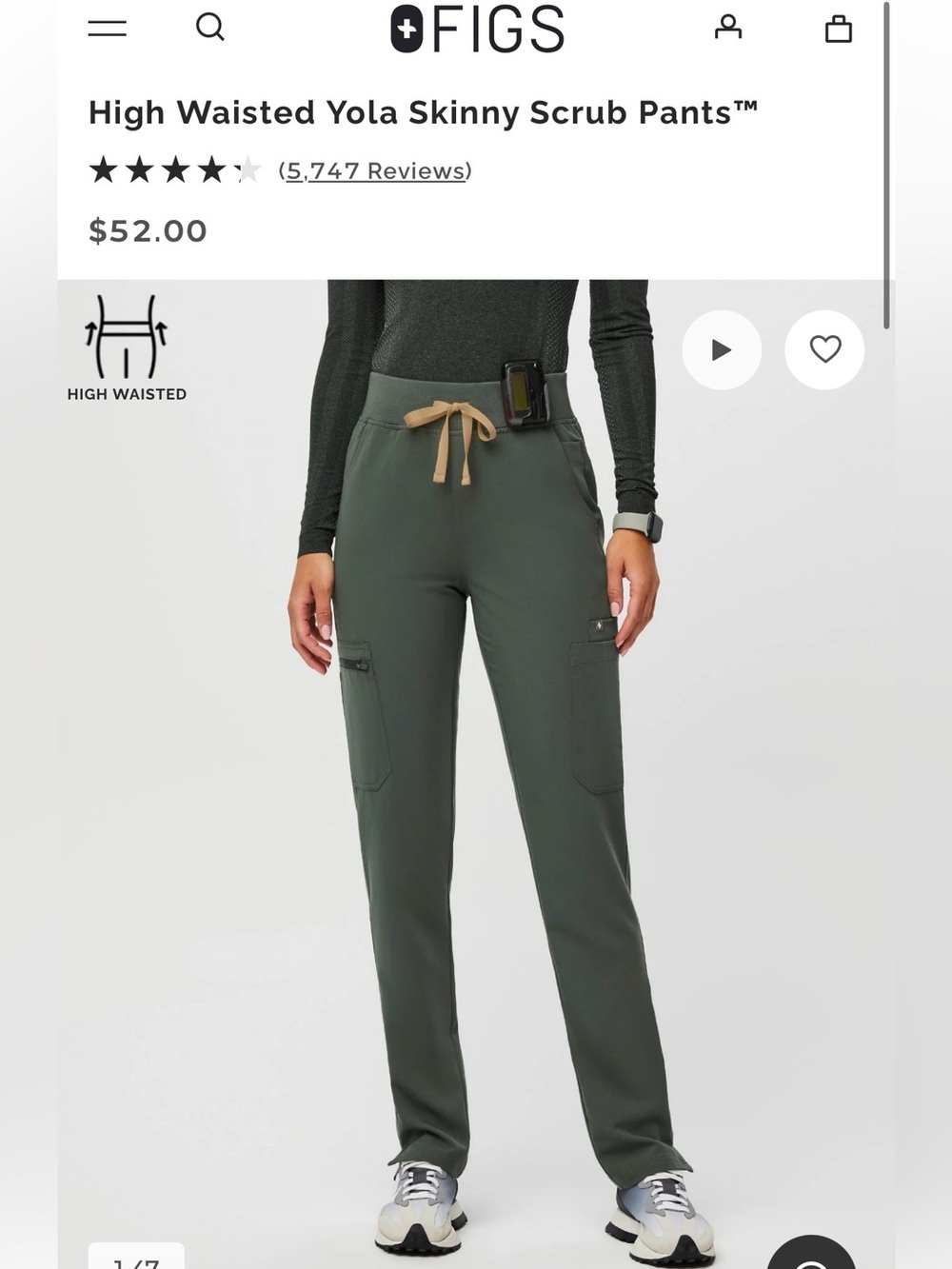 Figs High-Waisted Yola Skinny Scrub Pants in Olive Green with Tan Drawstring